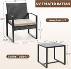 3 Piece Wicker Patio Bistro Set, Rattan Conversation Set with Coffee Table, for Balcony, Porch, Garden, Yard, Poolside, Black Frame with Beige Cushion