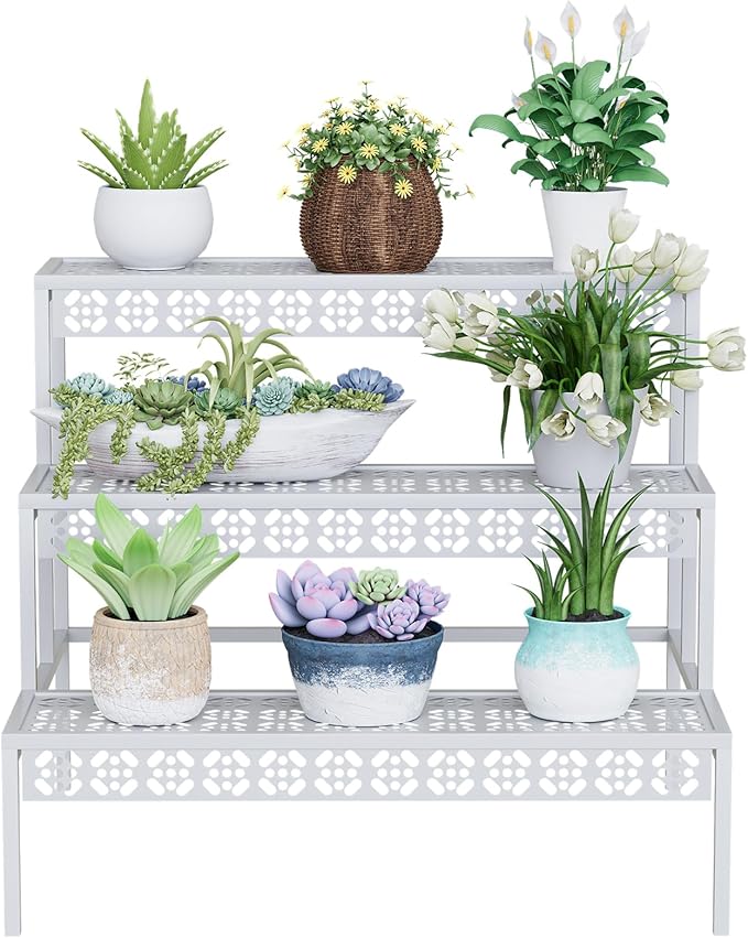 Garden 4 you 3 Tiers Metal Plant Stand,Rectangular Ladder Flower Pots Outdoor Plant Rack, Indoor Plant Display Rack, Heavy Duty Utility Storage Organizer for Home Garden Patio Balcony, Stair Style(White)