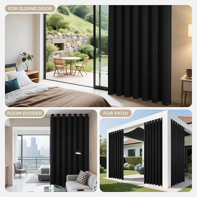 Joydeco Blackout Patio Sliding Door Curtains 90 Inches Long, Grommet Privacy Room Divider Curtains, Extra Wide Thermal Blackout Drapes for Bedroom Living Room (Black, 60Wx90L, 1 Panel)