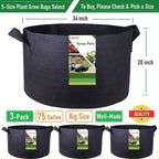 3-Pack 75 Gallon Thickened Plant Grow Bags Large (34x20 in) Heavy Duty Garden Bag Fabric Plant Pots for Tomato,Potato Planter,Herbs Veggies Planting,Flower Pots,Barrel Planter,Leaf Bag,Yard Waste Bags