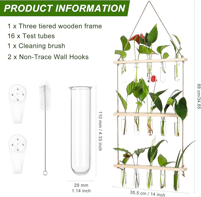 Terrarium Propagation Station with 16 Glass Test Tubes, Beige Wood Stand
