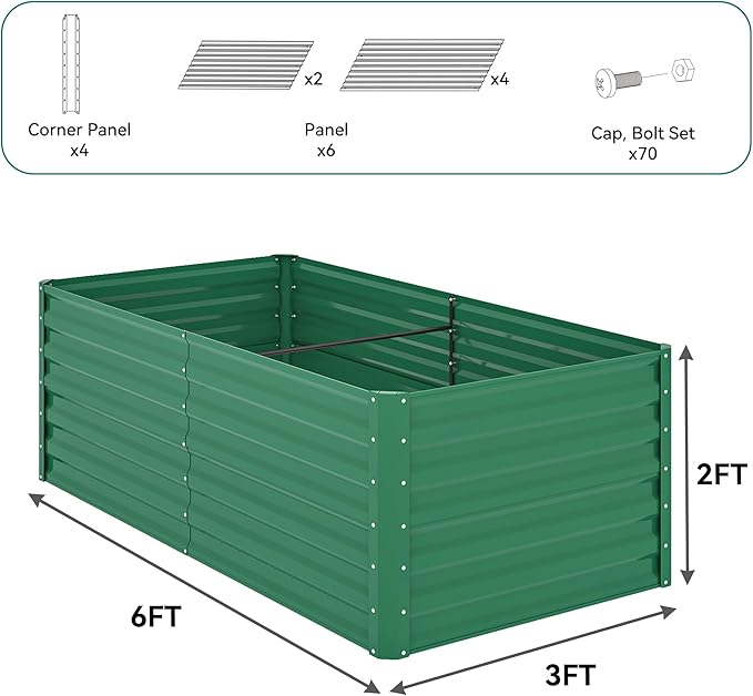 YITAHOME 6x3x2ft Outdoor Raised Garden Bed Kit, Large Metal Patio Planter Box with Gloves, Support Rod for Plants Vegetables Flowers, Green