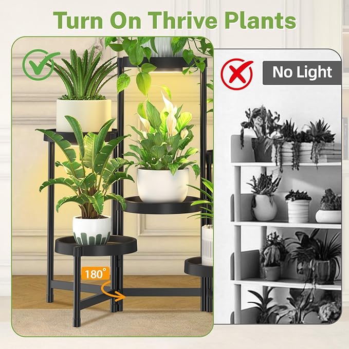 iDavosic.ly 6 Tier Folding Plant Stand Indoor Outdoor with Grow Light, Tiered Corner Flower Holder Shelf with Plastic Tray, Metal Orchid Display Rack for Patio Porch Living Room Garden Balcony, Black