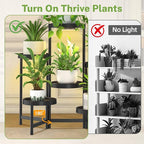 iDavosic.ly 6 Tier Folding Plant Stand Indoor Outdoor with Grow Light, Tiered Corner Flower Holder Shelf with Plastic Tray, Metal Orchid Display Rack for Patio Porch Living Room Garden Balcony, Black