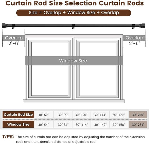 1” Diameter Curtain Rods Itself is 30 to 240 inch 1 Pack Fit 30-234 inch Window with Heavy Duty Adjustable Rod Matte Black Splicing Metal Extra Long Curtain Rod for Windows