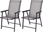 Giantex Set of 2 Patio Folding Chairs, Outdoor Chairs with Armrest, Portable Dining Chairs for Porch Camping Pool Beach Deck Lawn Garden, 2-Pack Patio Sling Chairs, Metal Frame, Grey