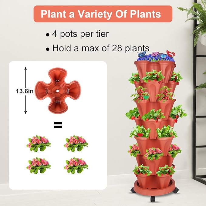 GameXcel Vertical Planter, 7 Tier Stackable Strawberry Planter with Garden Tool Set, Movable Indoor/Outdoor Garden Herb Pot for Growing Vegetables and Succulents, Red