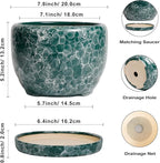 SQOWL 8 Inch Plant Pot - Ceramic Planter for Indoor Plants, Decorative Flower Pot with Drainage Hole and Saucer, Round Planter Outdoor, Room Patio Decor, Garden Gifts for Women, Green