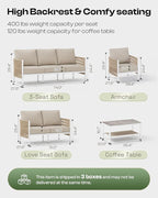 Aluminum Outdoor Patio Furniture Set with Dual-Layer Coffee Table, 4 Piece Modern Patio Conversation Sets with PE Rope, Outdoor Sectional Sofa with Thick Cushions for Balcony, Deck, Ivory