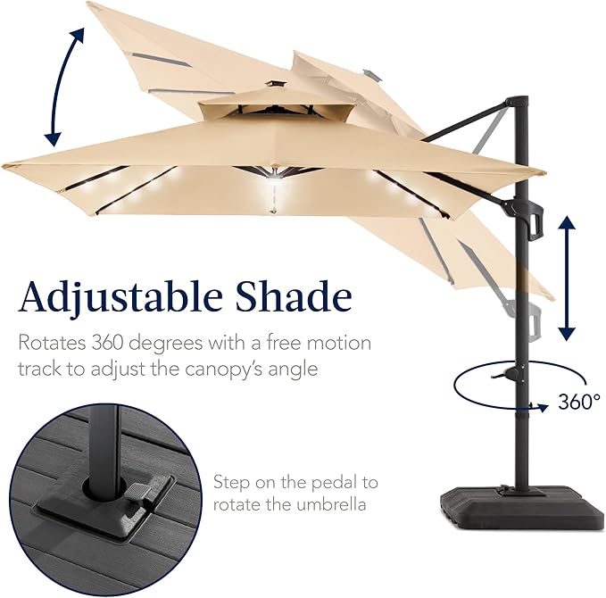 Best Choice Products 9x12ft LED Cantilever Patio Umbrella w/Base Included & 360° Rotation, Large Solar Offset Hanging Outdoor Sun Shade for Deck, Backyard Table w/Stand & Lights – Sand