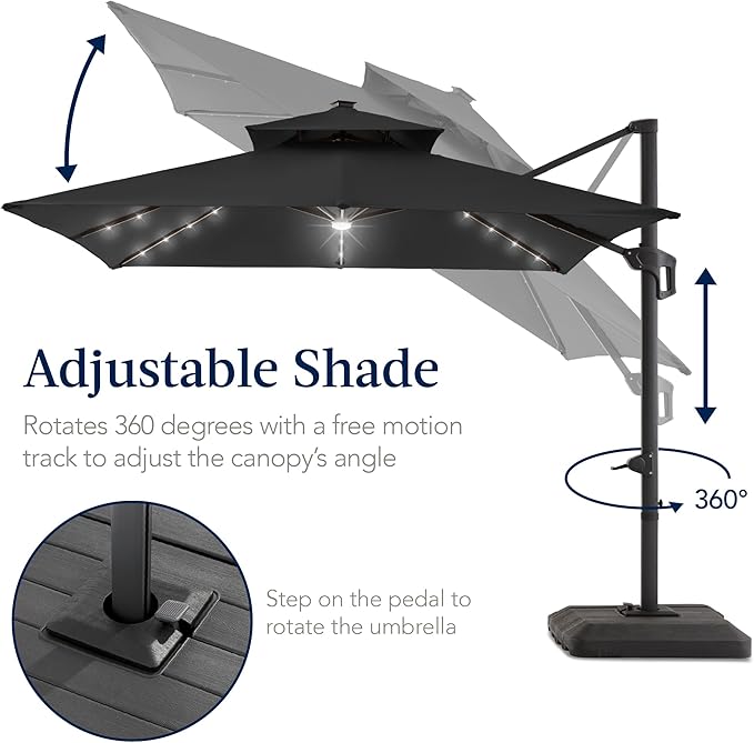Best Choice Products 12x12ft LED Cantilever Patio Umbrella w/Base Included & 360° Rotation, Large Solar Offset Hanging Outdoor Sun Shade for Deck, Backyard Table w/Stand & Lights – Gray