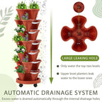 Umigy 2 Set of 7 Tier Vertical Planter Stackable Tower Planters Strawberry Herb Flower and Vegetable Pots Indoor Outdoor Gardening Pots with Removable Wheels and Tools(Brick Red)
