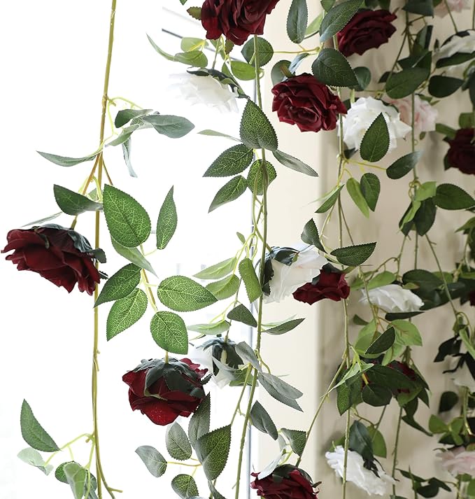 Artificial Plants Greenery: 2 Burgundy Silk Rose Vines, 73 Inches