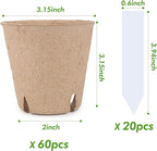 homenote Peat Pots, 60 Pcs 3.15 Inch Seed Starting Pots with Drainage Holes, Round Nursery Plant Pots with Bonus 20 Plant Labels
