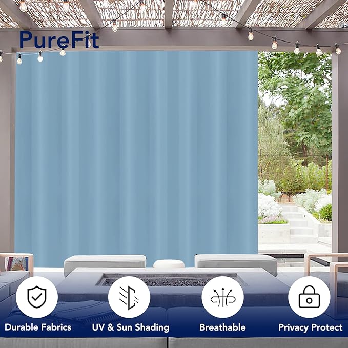 PureFit Outdoor Curtains for Patio Waterproof Weatherproof, UV Resistant Outside Curtains for Gazebo, Front Porch, Pergola, Sun Blocking Privacy Curtain, 100W x 84L inch, 1 Panel, Sky Blue