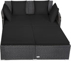 Tangkula Outdoor Rattan Daybed, Wicker Furniture with Spacious Seat, Upholstered Cushion & High-Resilience Sponge, Patio Sofa Set with 4 Pillows, 2-Person Sunbed for Poolside Backyard Garden & Balcony
