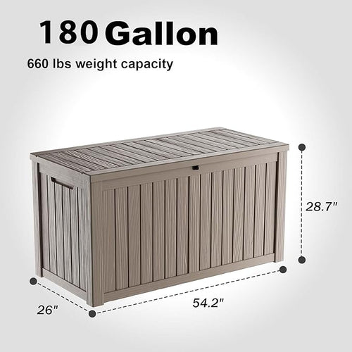 180 Gallon Outdoor Storage Box, Large Resin Deck Box for Patio Furniture Cushion Garden Tools, Waterproof and Lockable Design(Gray)