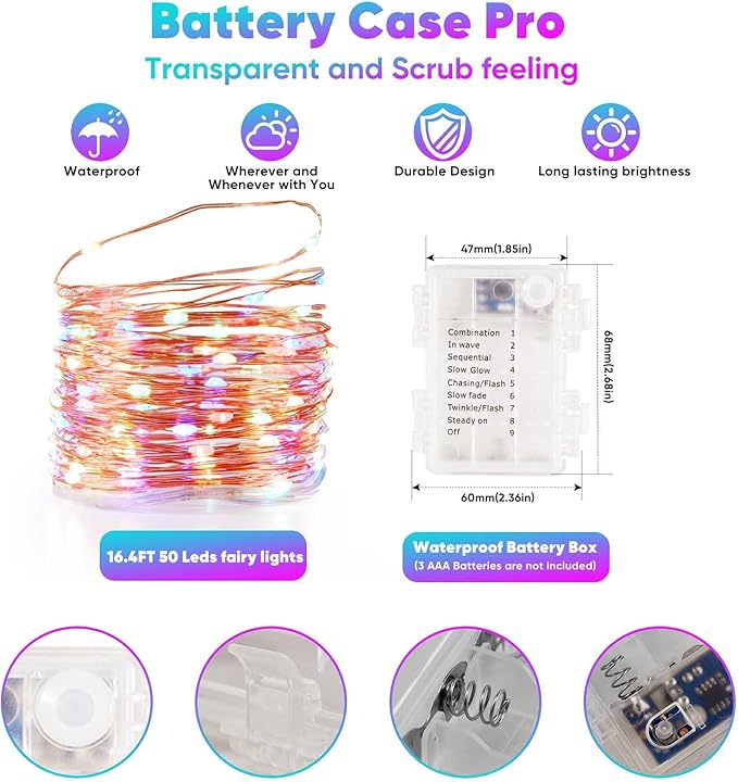 Battery Operated String Lights, 2-Pack, 16.4 Ft Multicolor LED