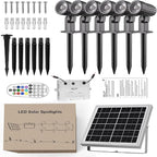 CLY Solar 6 in 1 RGB Spotlights Outdoor Garden, 10 Colors 12 Modes Solar Garden Floodlight Landscape Spotlights IP66 Waterproof 59.06ft Cable Spike Light for Lawn, Patio, Balcony