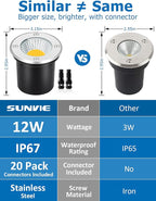 SUNVIE Low Voltage Landscape Well Lights with Wire Connectors, 12W LED, IP67 Waterproof Outdoor In-Ground Garden Lights 12V-24V Warm White for Pathway Driveway Deck (10 Pack & Connectors)