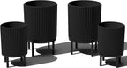 Veradek Demi Series Round Planter w/Stand for Porch/Patio | Durable Plastic-Stone Composite & Wooden Stand | Modern Décor for Tall Plants, Flowers