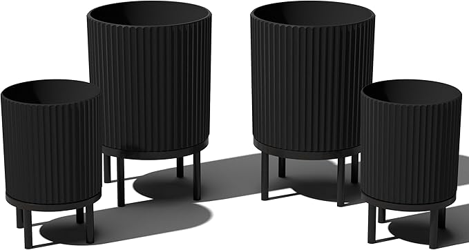 Veradek Demi Series Round Planter w/Stand for Porch/Patio | Durable Plastic-Stone Composite & Wooden Stand | Modern Décor for Tall Plants, Flowers