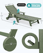 SERWALL Patio Chaise Lounge Chair Set of 2, 78'' Long 5-Positions Adjustable HDPE Outdoor Lounger for Pool, Poly Lounge Chair with Rolling Wheels & Cup Holder for Poolside, Deck, Avocado Green