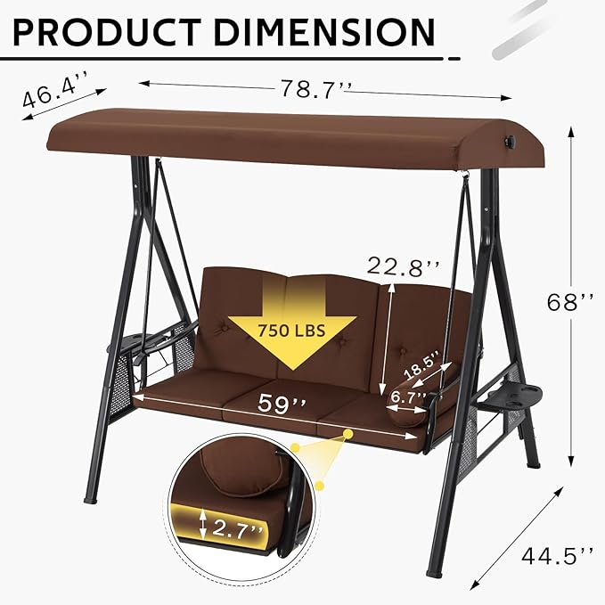 U-MAX 3-Seat Porch Swing Chair Steel Frame, Patio Swing Chair with Stand and Removable Cushions, Outdoor Canopy Swing Chair for Outside, Backyard, Garden, Brown Cushion