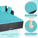 COSTWAY Outdoor Patio Rattan Daybed, Sponge Cushioned Loveseat Sofa with 4 Pillows, Wicker Furniture Sunbed for Balcony, Courtyard (Turquoise)