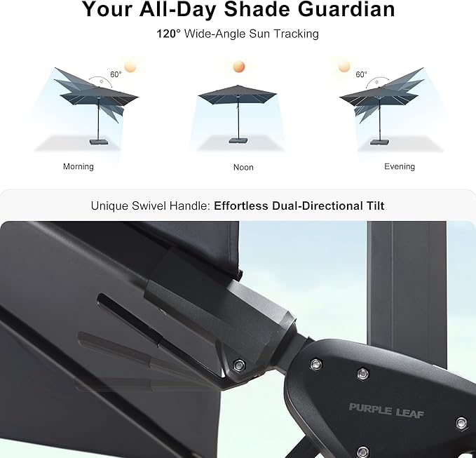 PURPLE LEAF 10 Feet Patio Umbrella with Base Outdoor Cantilever Solar Powered LED Swivel Square Umbrella Aluminum Offset Umbrella with 360-degree Rotation for Garden Deck Pool Patio, Grey