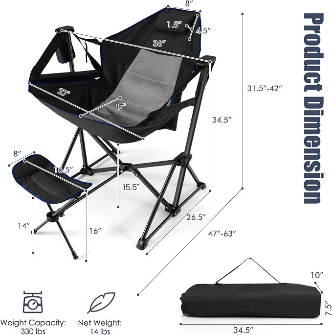 Folding Camp Chair Set of 2 in Black with Adjustable Back and Carry Bag