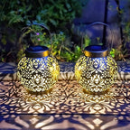 2 Pack Outdoor Solar Hanging Lantern Lights Metal LED Decorative Lamp for Garden Patio Courtyard Lawn and Table with Hollowed-Out Design (Antique Bronze)