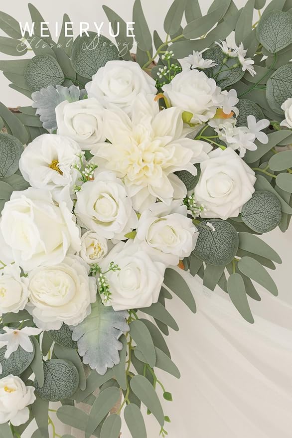Artificial Flowers Wedding Arch Swag Kit, White Roses, Chiffon Drape, 3 Pieces