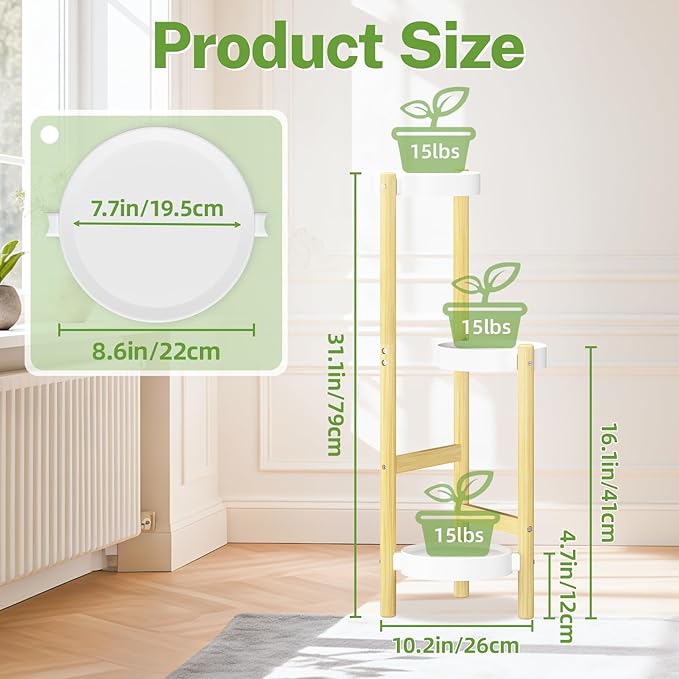 iDavosic.ly 3 Tier Bamboo Plant Stand Indoor Outdoor with Plastic Tray, Tiered Corner Flower Holder Shelf, Space Saving Orchid Display Rack for Patio Porch Living Room Garden Balcony, Natural White