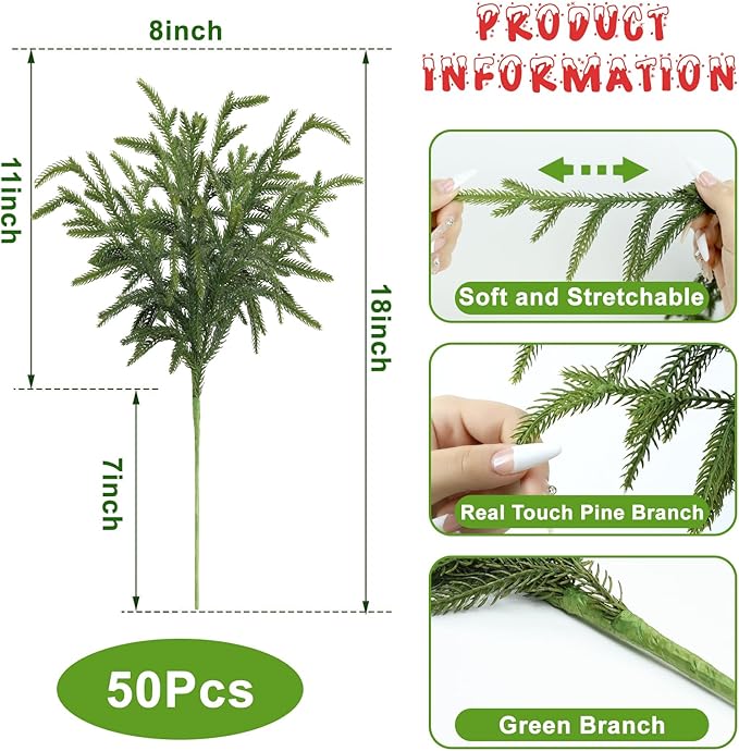 Artificial Pine Greenery Stems, 50 Pack, 18 Inch, Green