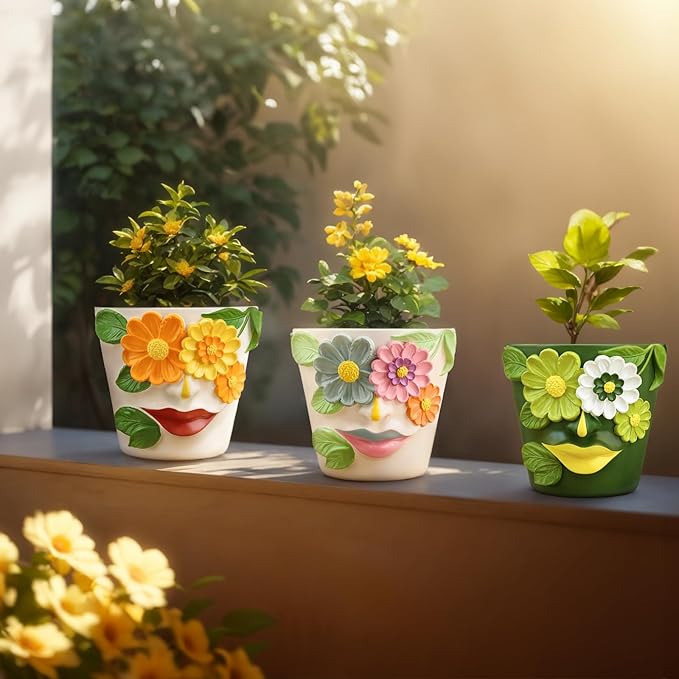 GUGUGO Unique Face Flower Plant Pots, Colorful Cute Succulent Planters with Drainage, Abstract Rainbow Head Flower Planters Pots for Indoor Plants, Funny Eclectic Home Décor (Blue&Pink, 5Inch)