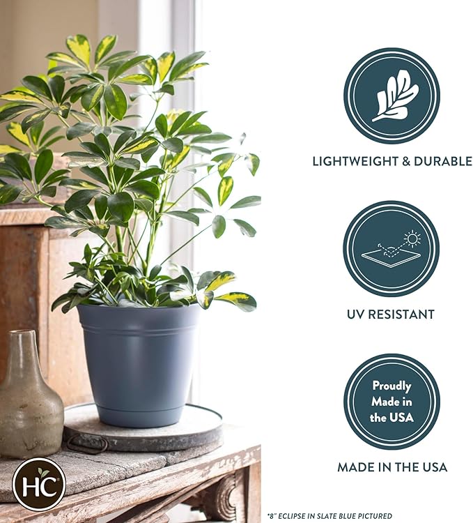 The HC Companies Eclipse Round Planter with Saucer - Outdoor & Indoor Plant Pot with Drainage Holes - Lightweight, UV-Resistant Plastic Pots for Plants, Flowers & Herbs (16" Clay, Pack of 1)