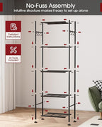 Storage Shelves - 5-Tier Large Capacity Shelf Organizer with Hooks, Heavy-Duty Garage Shelving with Leveling Feet, Wobble-Free Rack for Bedroom, Balcony, Garage, 18.1"×12.4"×56.8", Black
