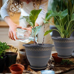 10 Inch 4 Pack Plant Pots, Plastic Flower Pot for Indoor & Outdoor with Drainage Holes & Saucer, Plaid Pattern Planters Garden Pots for Herbs