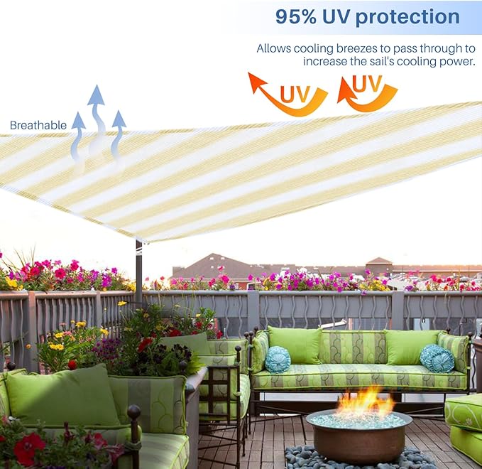 E&K Sunrise 28' x 28' x 28' Sun Shade Sail Triangle Canopy Shade Cover UV Block for Patio Backyard Garden Outdoor (Beige White Strip)