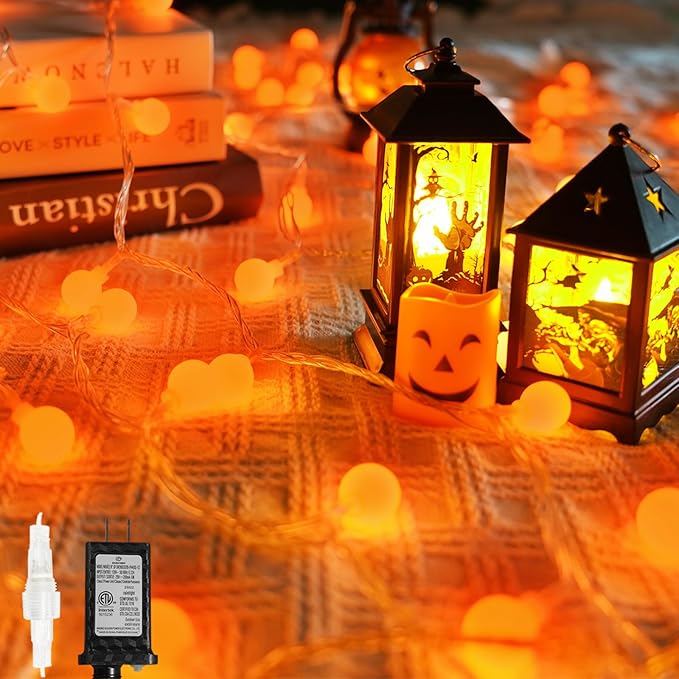 String Lights, 100 Orange LEDs, 43 FT Connectable Halloween Decor