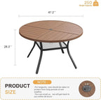 VICLLAX Round Patio Table with Adjustable Umbrella Hole for 6, All Weather Metal Outdoor Dining Table for Lawn Garden, 47.2" Outdoor Coffee Table, Walnut Wood-Like Tabletop