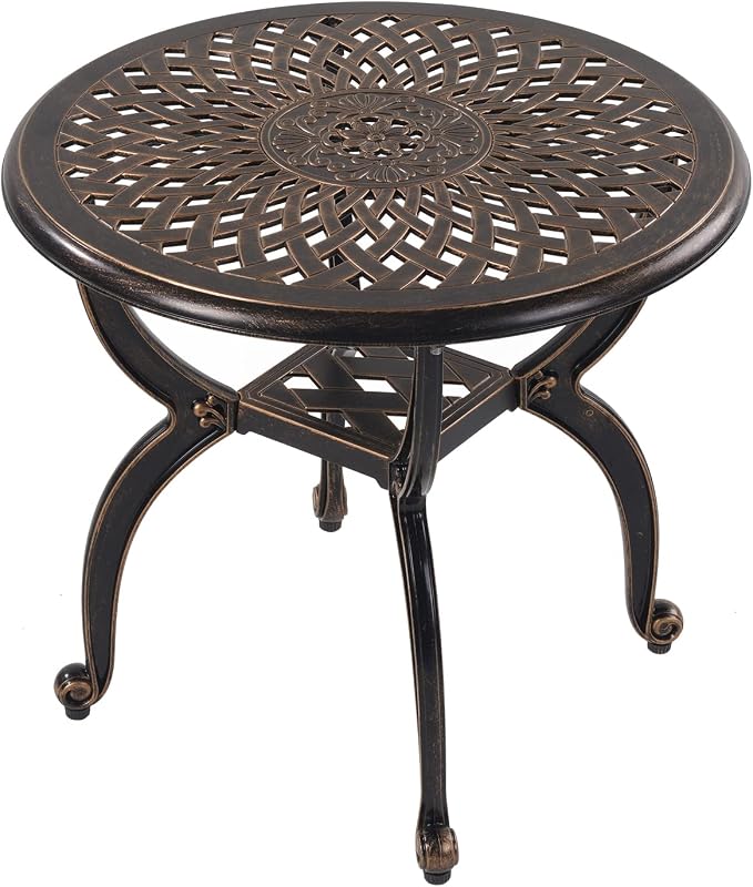 Side Table, Round Cast Aluminum Patio End Table in Copper, 20.8 Inch