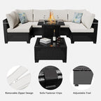 8 Pcs Patio Furniture Set with Fire Pit Table Wicker Outdoor Sectional Sofa, Conversation Set Perfect for Backyard, Garden, Deck (Deep Brown/Beige)