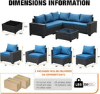 6 Pieces Patio Furniture Set All-Weather Outdoor Wicker Sectional Conversation Sofa Rattan Patio Seating Sofa with Cushion and Glass Table for Porch Poolside,Peacock Blue