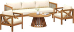 Merax Outdoor 4-Piece Acacia Wood Conversation Set - Patio 3-Seat Loveseat Sofa w/Coushion, 2 Armchair and Round Coffee Table for Backyard, Lawn, Balcony, Beige + Teak