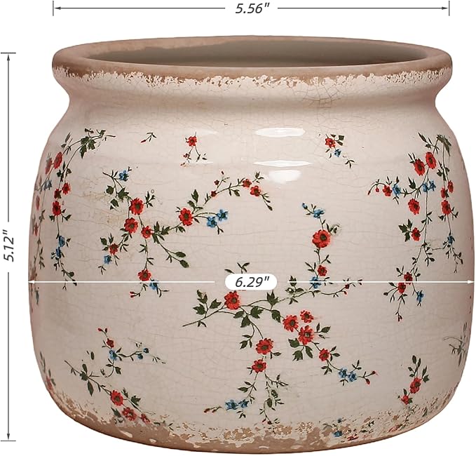 Cottagecore Ceramic Plant Pots, 6.29in French Country Floral Vase & Planters Indoor with Drainage, Distressed Cottage Farmhouse Home Decor for Balcony Bookshelf Table Centerpieces, Gifts for Grandma