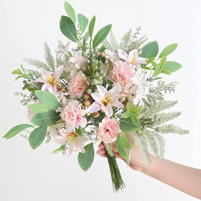 Artificial Plants Greenery Stems Set, 47 Pieces in 9 Varieties, Pink & Green