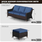 Joyside Patio Furniture Set, 3 Pieces Outdoor Wicker High Back Sofa with Ottoman and Comfy Cushions, Upgraded Large Size, All Weather High Back Conversation Set, (Brown/Blue)