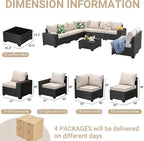 Jing's Villa 10-Piece Patio Furniture Set, All-Weather Outdoor Wicker Sectional Sofa with Cushions, Glass Table & Left and Right Armrest, Rattan Conversation Seating for Porch, Garden, Backyard,Beige